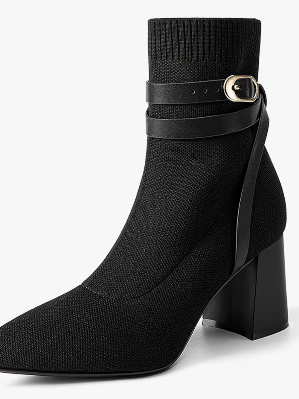 Black Knit Ankle Boot with Buckle Strap